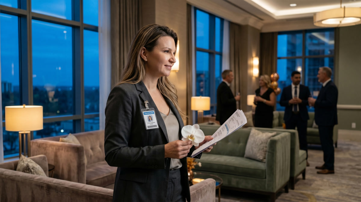 Patient hands holding a wellness journal in a bright luxury medical setting